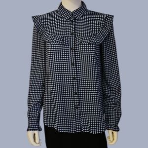 WHO WHAT WEAR Navy Geometric Floral Chest Ruffle Edwardian Castlecore Shirt